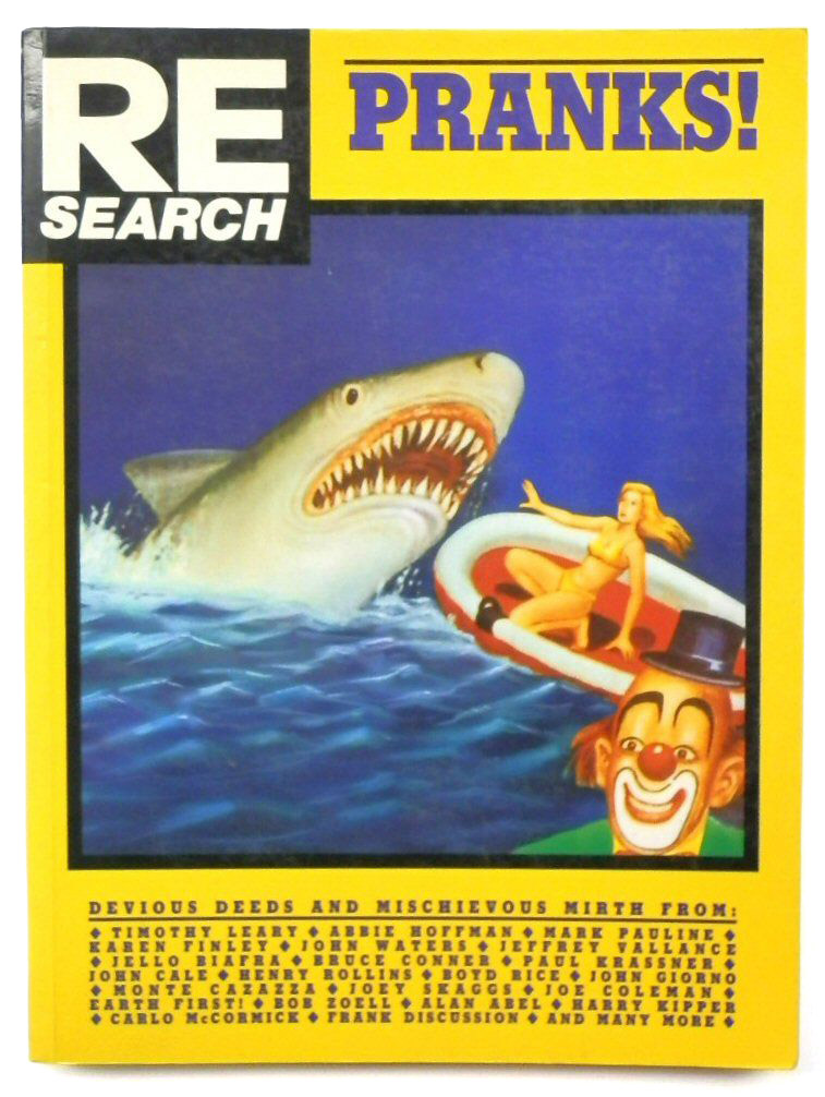 Pranks magazine color, shark, woman in raft, and clown image