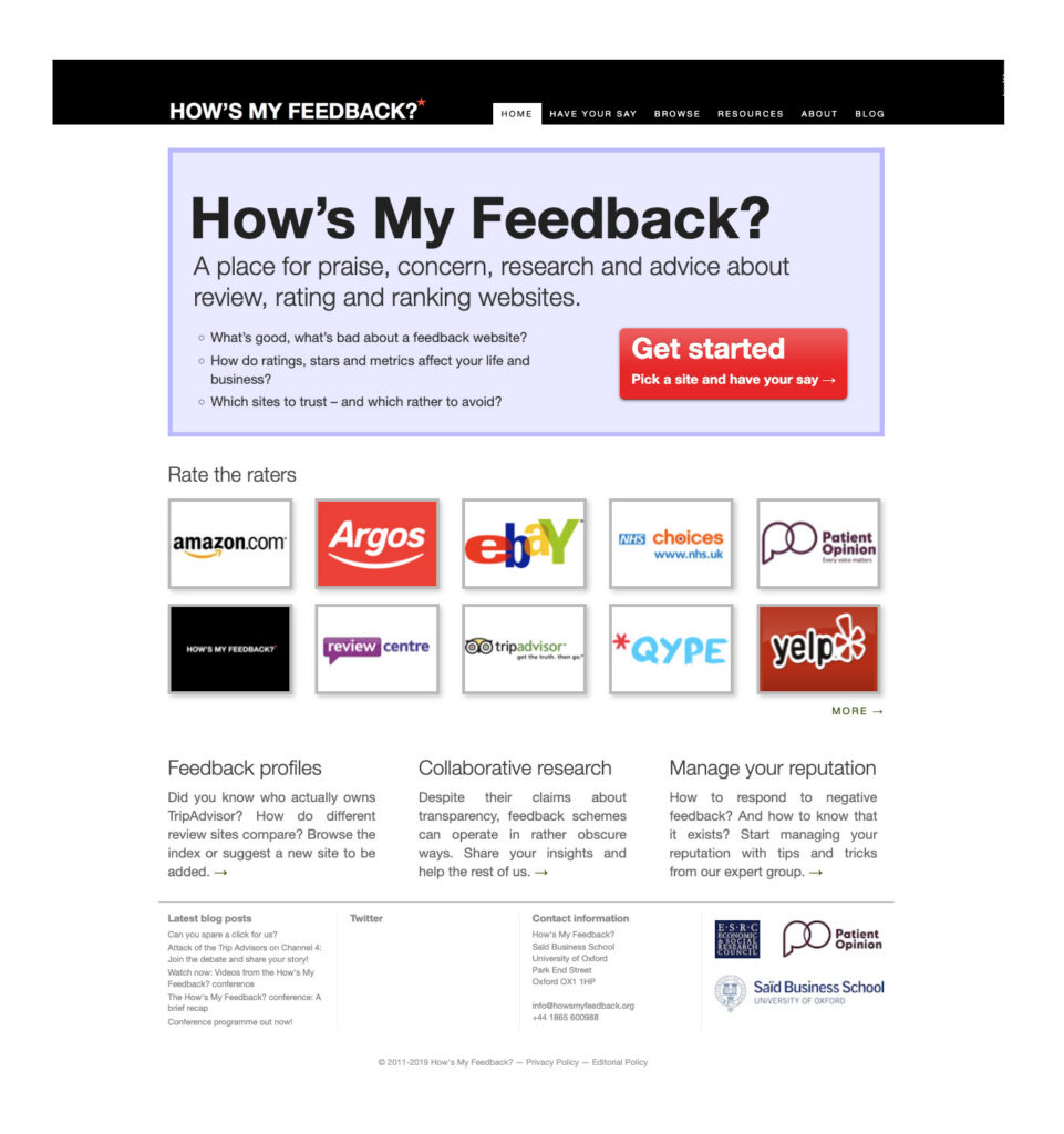 Homepage of "How's My Feeback" website