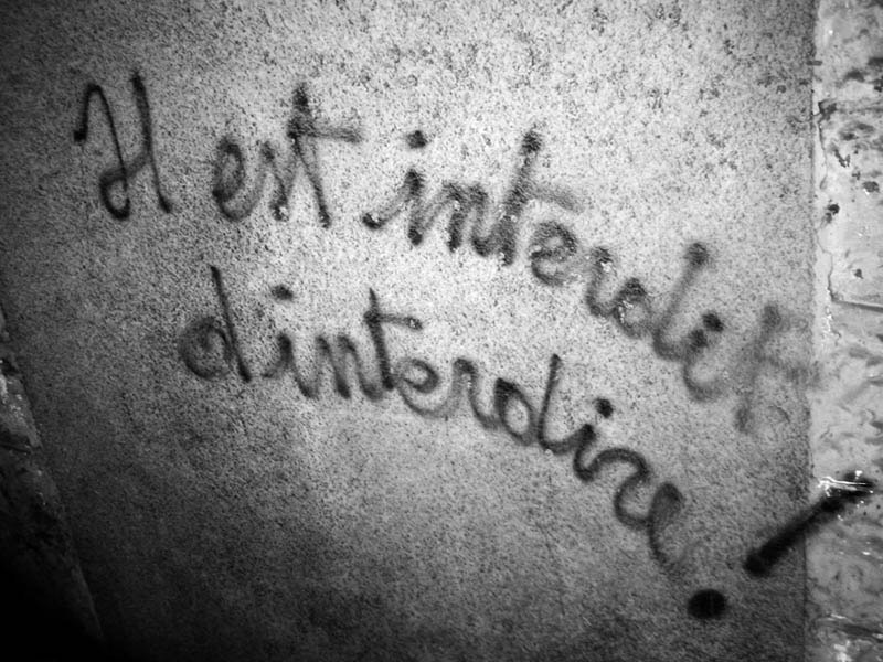 black and white photo of french graffiti