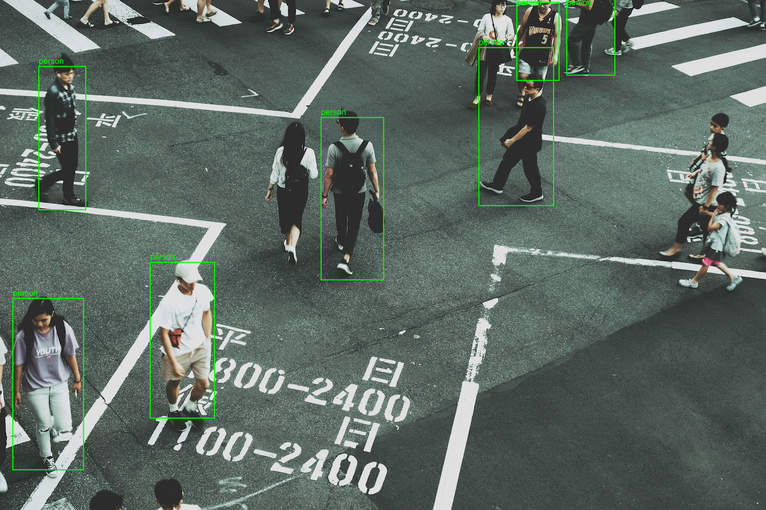 pedestrians in a crosswalk, some with green boxed superimposed on them