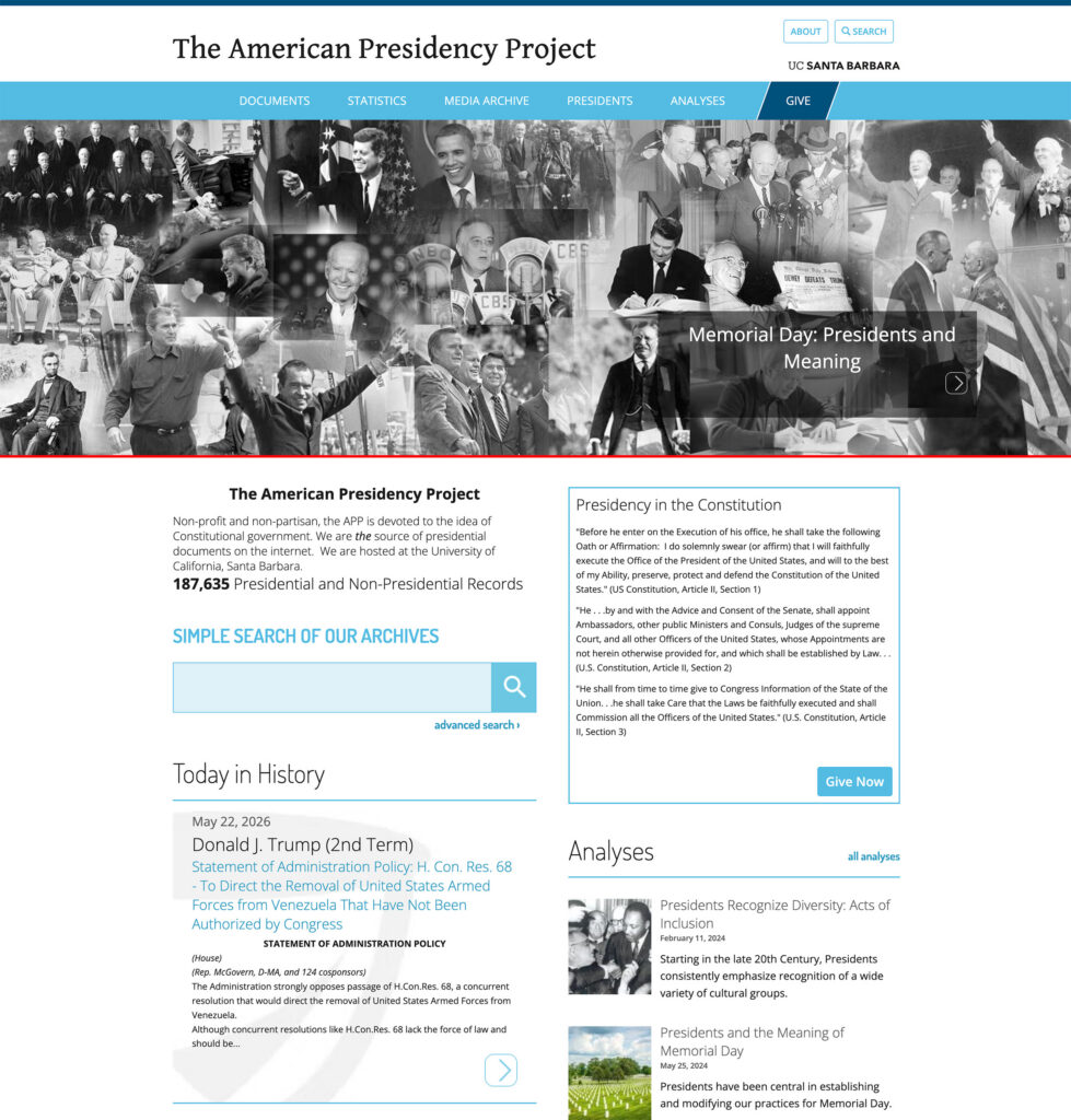 Screenshot of the American presidency project, with a banner of black and white photos of presidents