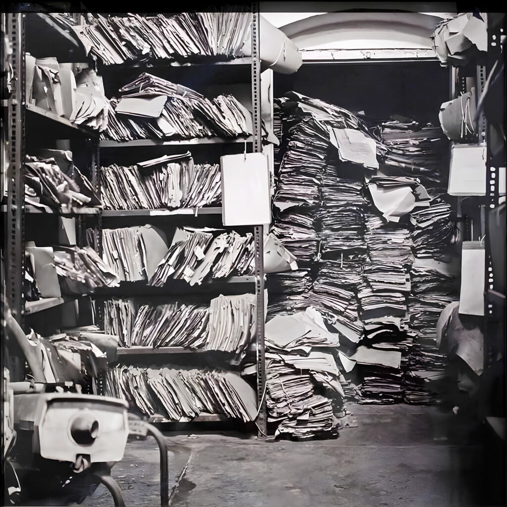 a file room, with piles and piles of envelopes and files, on shelves and on the floor blocking a doorway