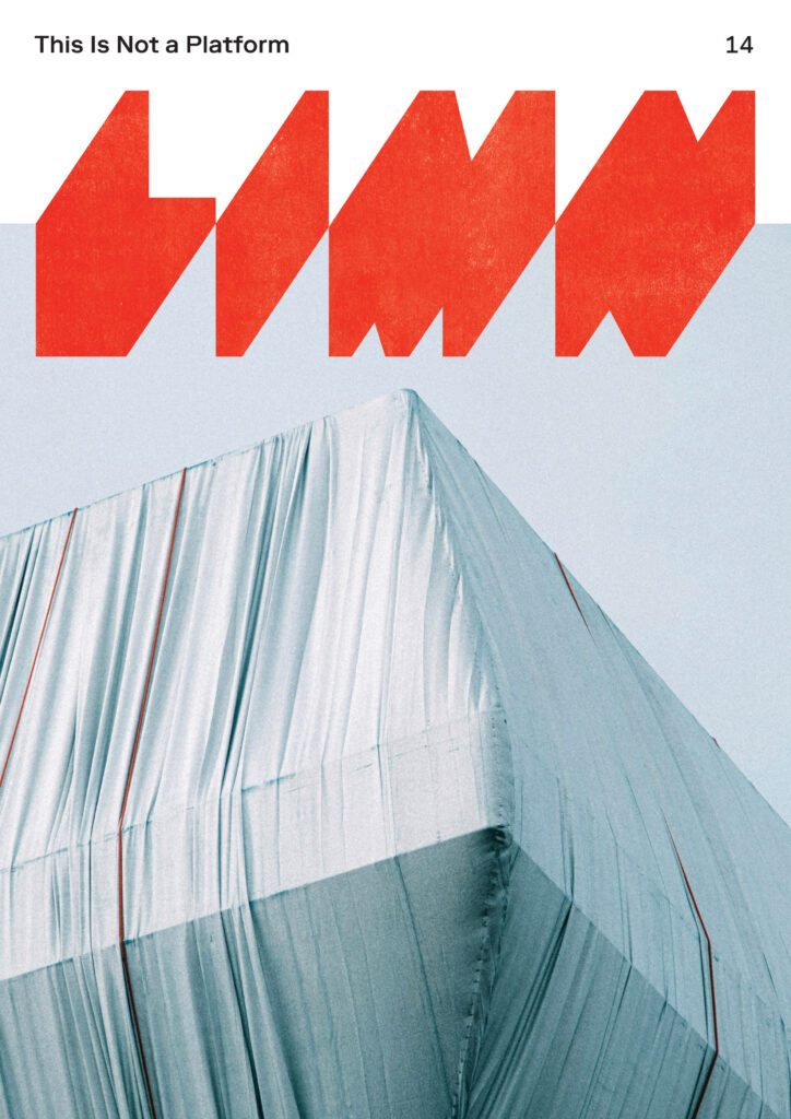 limn 14 cover image: building obscured behind architectural white wrapping on a pale blue sky. LIMN logo in red.