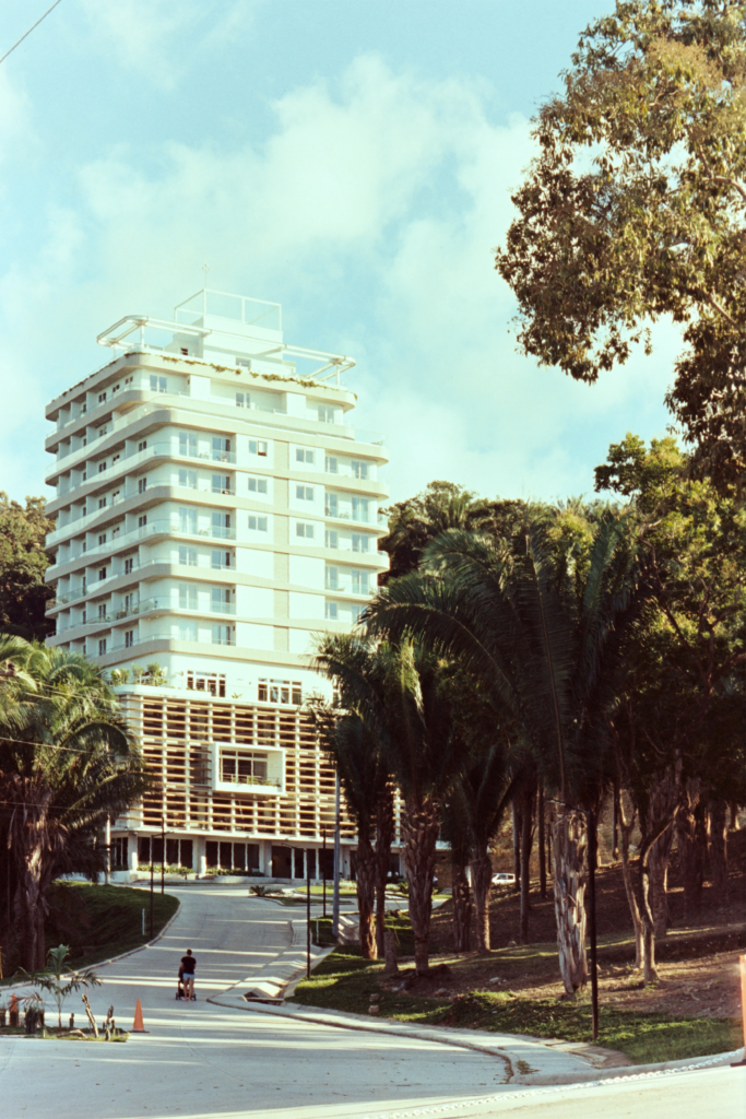 white multi-story building with road leading up to it through treas