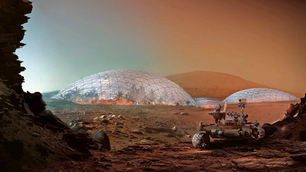domed constructions in orange desert with a roamer vehicle in the fore