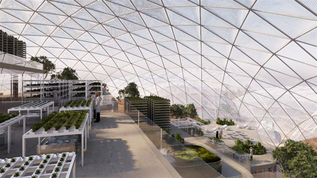 rendering of buildings and terraced gardens inside of a domed covering