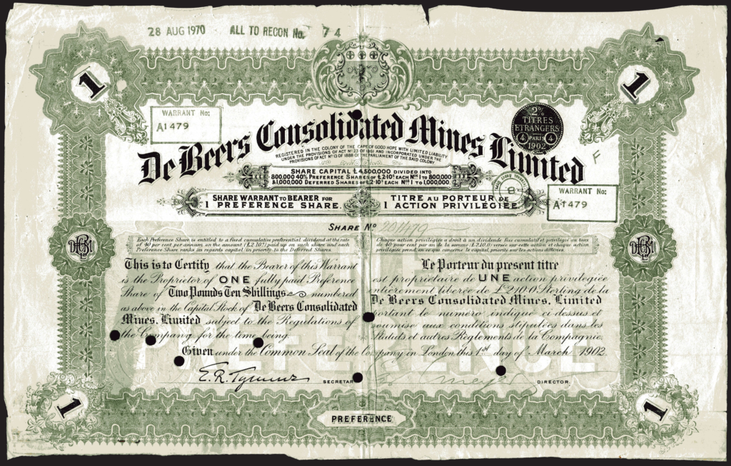 a photography of a share certificate, with green insignia