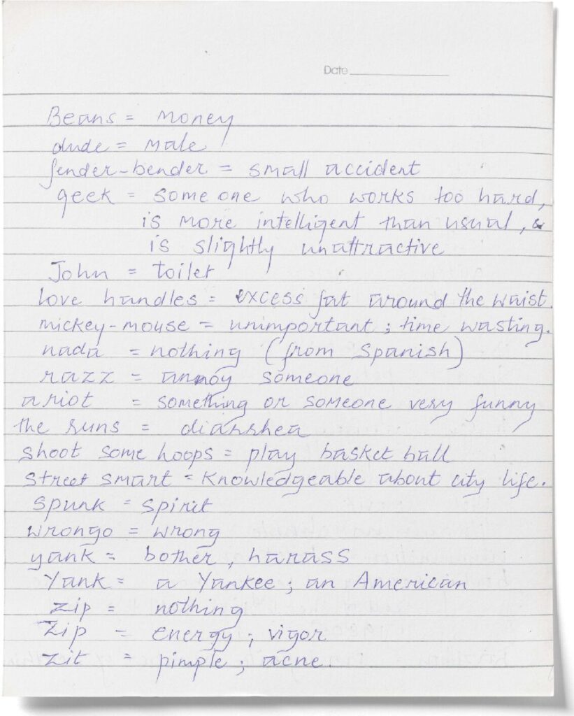 Hand-written note explaining and defining common idioms