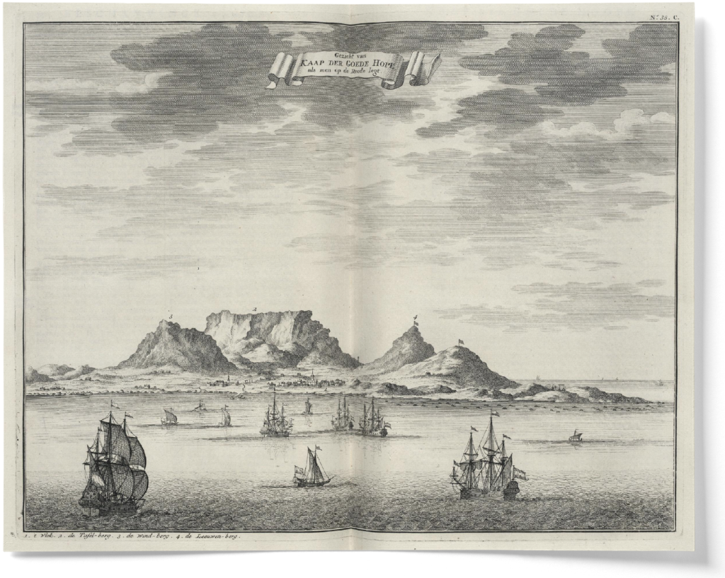Historical engraving showing sailing ships anchored in Table Bay before Table Mountain and the early settlement of the Cape of Good Hope.