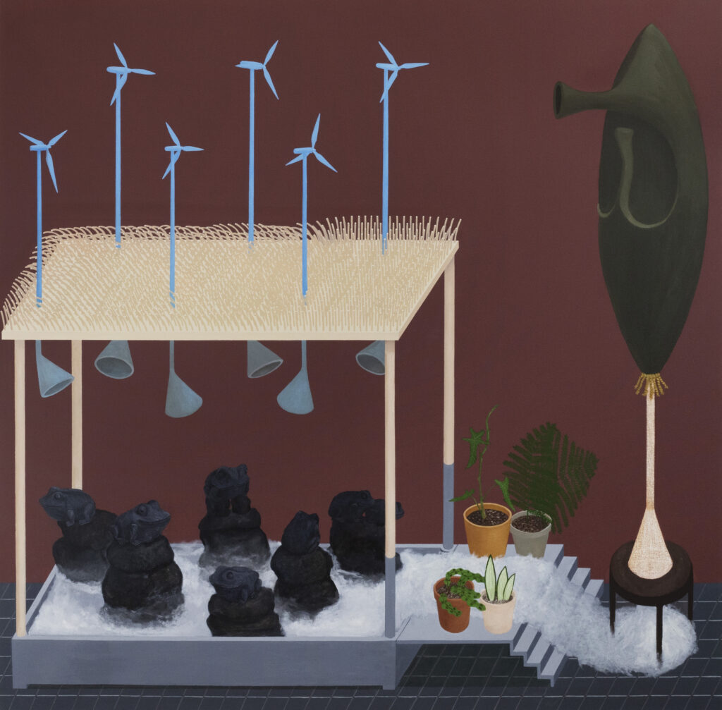 Painting by Akira Ikezoe showing fantastical machines and systems: red field with an oblong dark shape at right, and windmill shapes with funnels at their bottom floating above coal like stones.