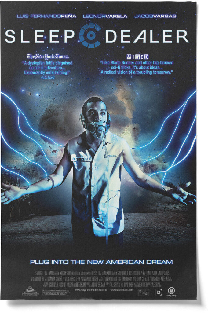 Film poster for Sleep Dealer, featuring protagonist Memo facing forward, with glowing blue cables coming out of his body.
