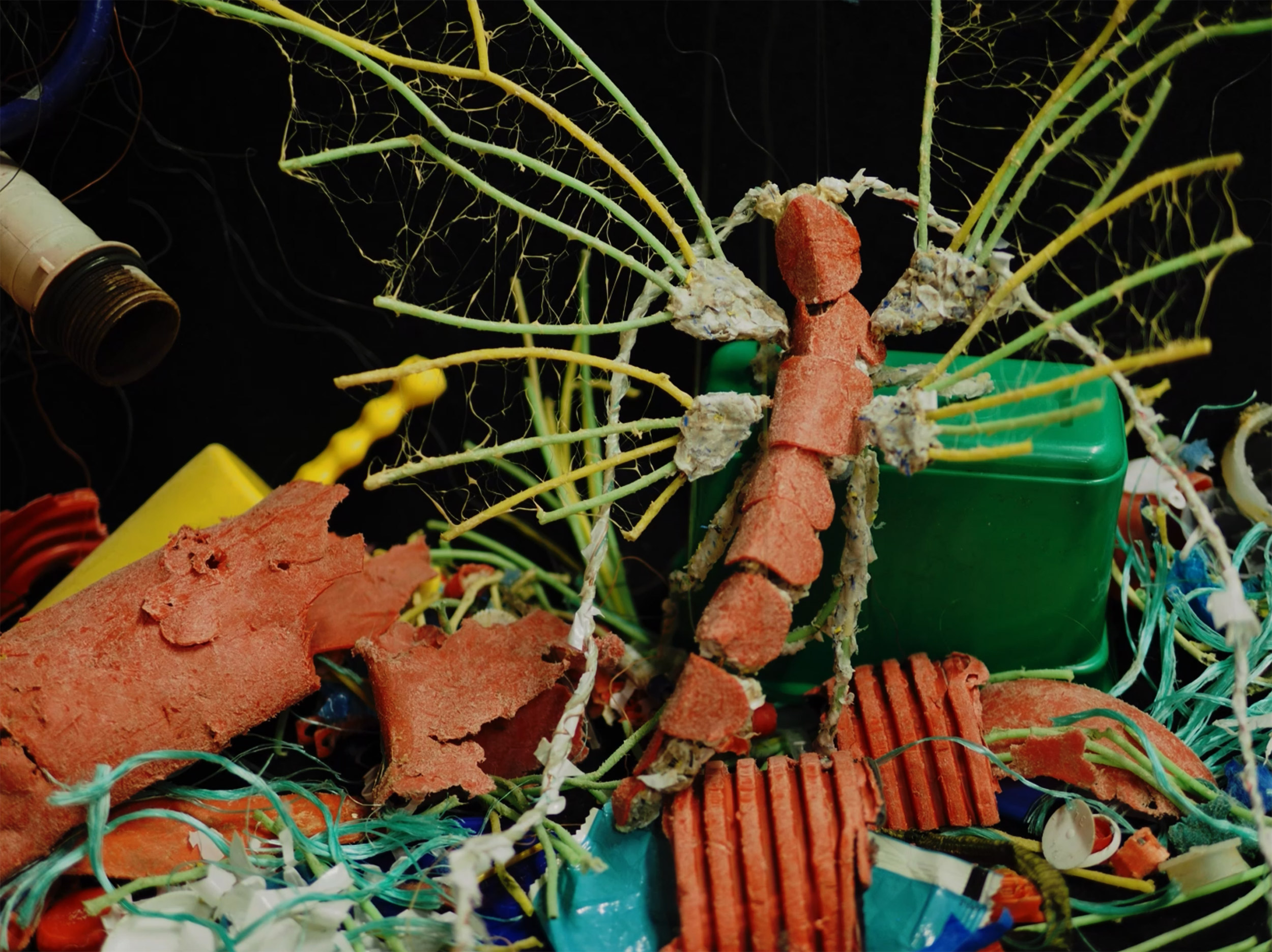 Film still showing speculative plastic-fly hybrid creature in bright colors against a black field