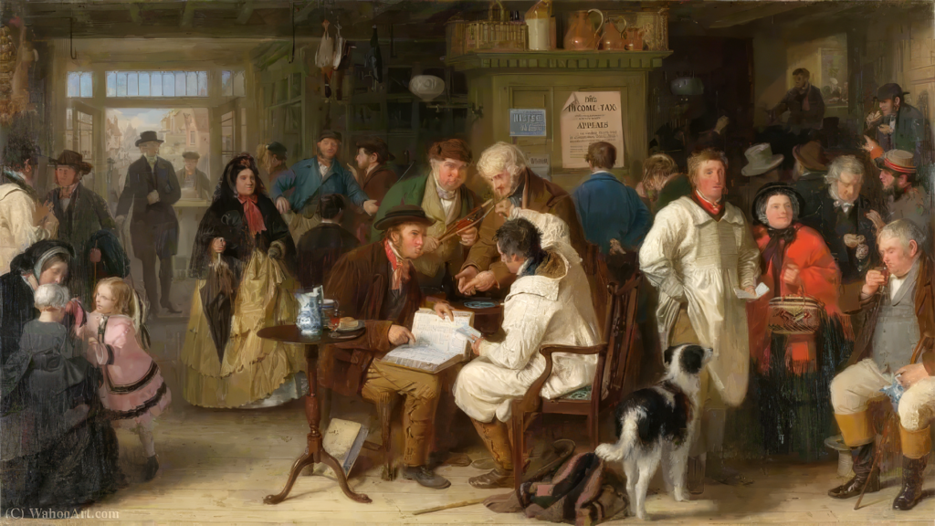 image of painting of a meeting, with several people deliberating over an open book