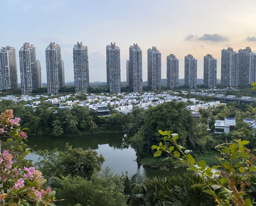 linear city skyline with foliage and pond in the fore