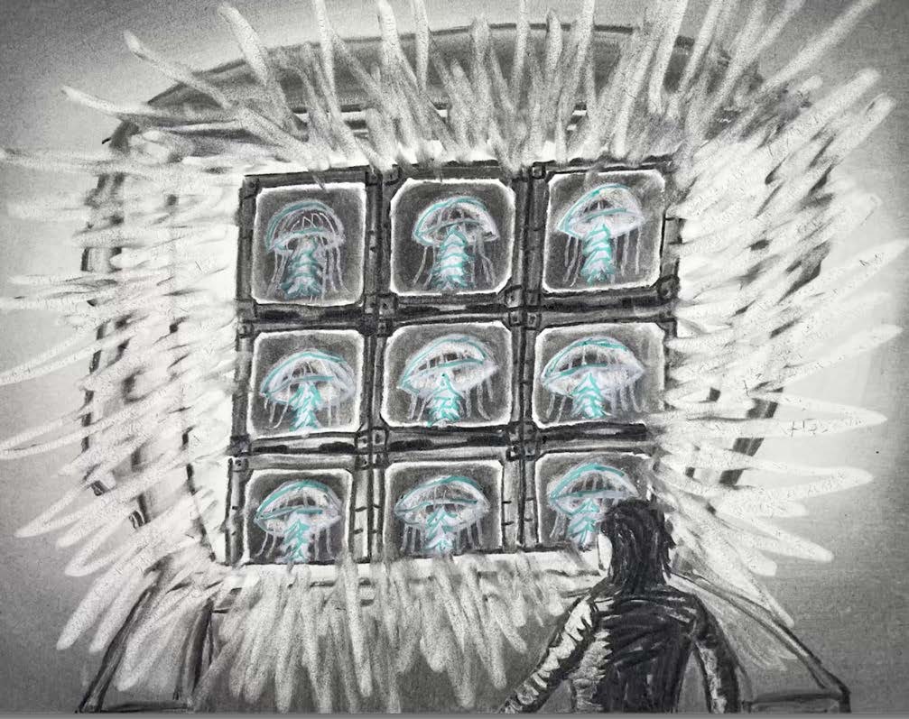 Video still from speculative film Planet of the Jellyfish. Black and white hand-drawn images of jellyfish and humans.