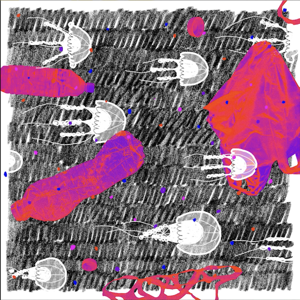 Video still from speculative film Planet of the Jellyfish. Black, white, pink, and purple hand-drawn images of jellyfish and humans.
