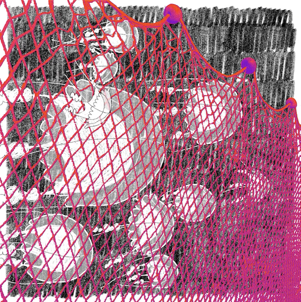 Video still from speculative film Planet of the Jellyfish. Black, white, pink, and purple hand-drawn images of jellyfish and humans.