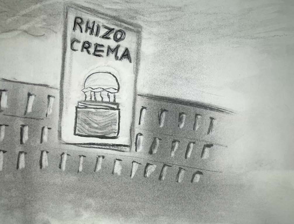 Video still from speculative film Planet of the Jellyfish. Black and white hand-drawn images of jellyfish and humans.