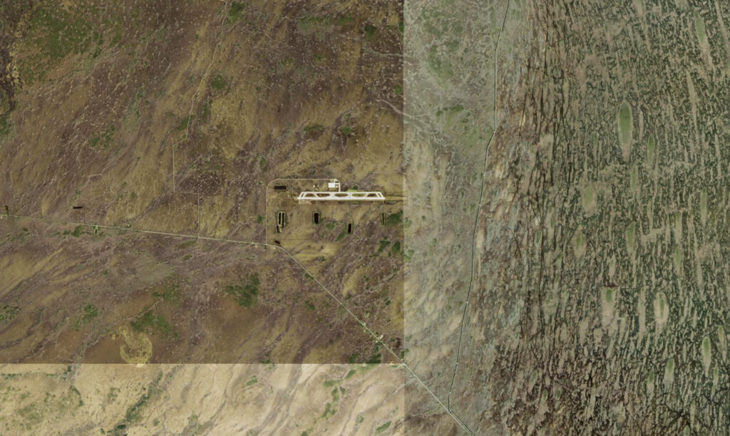 Satellite shot of airstrip where detention center would be built in the Everglades; shot featuring airstrip in midst of collaged satellite images of the Everglades forest.